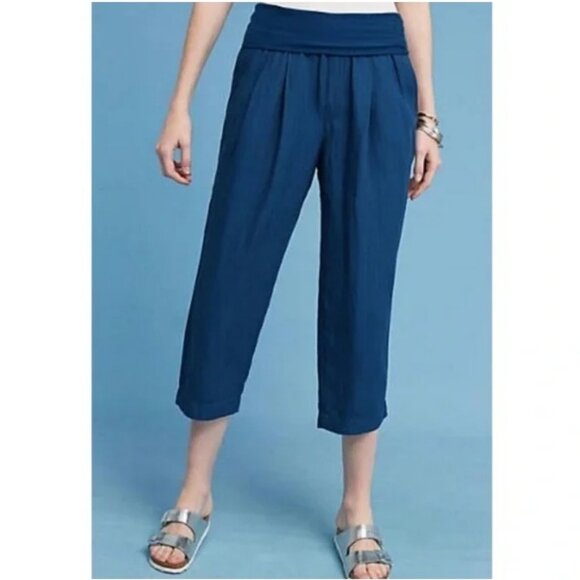 Anthropologie Hei Hei Eventide Linen Blend Cropped Pants Size Medium Teal Blue - Picture 1 of 12